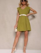 defox Rochie Verde de Bumbac Evazată cu Volane Mirlio
