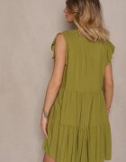 defox Rochie Verde de Bumbac Evazată cu Volane Mirlio
