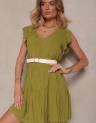 defox Rochie Verde de Bumbac Evazată cu Volane Mirlio