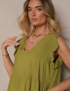 defox Rochie Verde de Bumbac Evazată cu Volane Mirlio