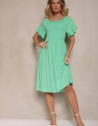 defox Rochie Verde deschis Cloș din Bumbac cu Mâneci bufante la umeri și Elastic la bust Norlio