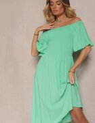 defox Rochie Verde deschis Cloș din Bumbac cu Mâneci bufante la umeri și Elastic la bust Norlio