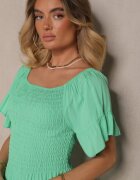 defox Rochie Verde deschis Cloș din Bumbac cu Mâneci bufante la umeri și Elastic la bust Norlio