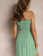 defox Rochie Verde din Bumbac cu Bretele cu Fustă Cloș și cu Partea Superioară Încrețită Risetto