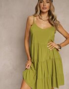 defox Rochie Verde din Bumbac cu Bretele cu Volane Lilitte