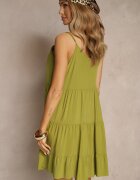 defox Rochie Verde din Bumbac cu Bretele cu Volane Lilitte
