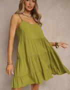 defox Rochie Verde din Bumbac cu Bretele cu Volane Lilitte