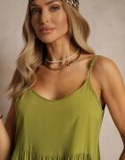 defox Rochie Verde din Bumbac cu Bretele cu Volane Lilitte