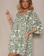defox Rochie Verde din Bumbac cu Croi Evazat Decorată cu Nasturi Janivra