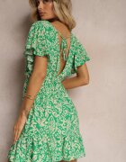 defox Rochie Verde din Bumbac cu Croi Evazat Decorată cu Volane și Elastic în Talie Neliaura