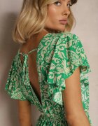 defox Rochie Verde din Bumbac cu Croi Evazat Decorată cu Volane și Elastic în Talie Neliaura