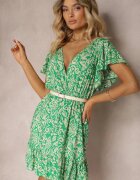 defox Rochie Verde din Bumbac cu Croi Evazat Decorată cu Volane și Elastic în Talie Neliaura
