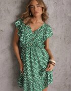 defox Rochie Verde din Bumbac cu Croială Cloș cu Nasturi cu Imprimeu Floral Roniva
