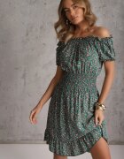 defox Rochie Verde din Bumbac cu elastic în talie stil spaniol Jazmi