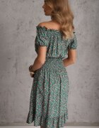 defox Rochie Verde din Bumbac cu elastic în talie stil spaniol Jazmi
