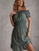 defox Rochie Verde din Bumbac cu elastic în talie stil spaniol Jazmi
