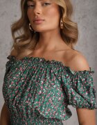 defox Rochie Verde din Bumbac cu elastic în talie stil spaniol Jazmi
