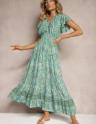 defox Rochie Verde Din Bumbac Paisley cu Decolteu Petrecut cu Volan și Elastic în Talie Brionea