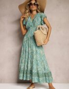 defox Rochie Verde Din Bumbac Paisley cu Decolteu Petrecut cu Volan și Elastic în Talie Brionea