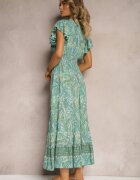 defox Rochie Verde Din Bumbac Paisley cu Decolteu Petrecut cu Volan și Elastic în Talie Brionea