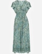 defox Rochie Verde Din Bumbac Paisley cu Decolteu Petrecut cu Volan și Elastic în Talie Brionea