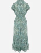 defox Rochie Verde Din Bumbac Paisley cu Decolteu Petrecut cu Volan și Elastic în Talie Brionea