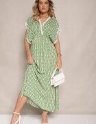 defox Rochie Verde Evazată din Bumbac Cu Dantelă Lanadria