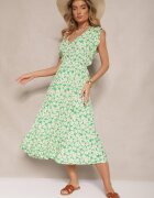 defox Rochie Verde Evazată din Bumbac cu Imprimeu Floral cu Elastic în Talie Alaniria
