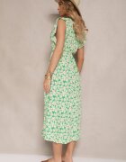 defox Rochie Verde Evazată din Bumbac cu Imprimeu Floral cu Elastic în Talie Alaniria