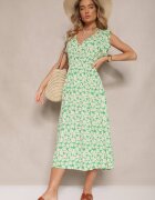 defox Rochie Verde Evazată din Bumbac cu Imprimeu Floral cu Elastic în Talie Alaniria