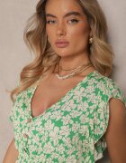 defox Rochie Verde Evazată din Bumbac cu Imprimeu Floral cu Elastic în Talie Alaniria