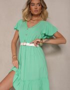 defox Rochie Verde Evazată din Bumbac Decorată cu Volane și Nasturi Zoliova