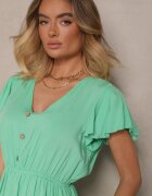 defox Rochie Verde Evazată din Bumbac Decorată cu Volane și Nasturi Zoliova