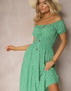 defox Rochie Verde Florală din Bumbac cu Elastic în Talie Herata