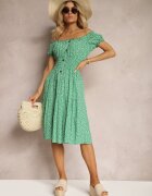 defox Rochie Verde Florală din Bumbac cu Elastic în Talie Herata
