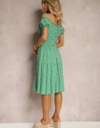 defox Rochie Verde Florală din Bumbac cu Elastic în Talie Herata
