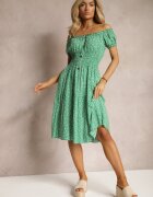 defox Rochie Verde Florală din Bumbac cu Elastic în Talie Herata