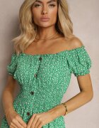 defox Rochie Verde Florală din Bumbac cu Elastic în Talie Herata