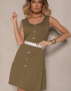 defox Rochie Verde închis Cloș cu bretele late Decorată cu nasturi Saniraya
