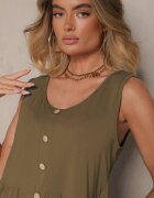 defox Rochie Verde închis Cloș cu bretele late Decorată cu nasturi Saniraya