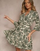 defox Rochie Verde închis din bumbac cu croi evazat cu imprimeu ornamental Laniwea