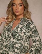 defox Rochie Verde închis din bumbac cu croi evazat cu imprimeu ornamental Laniwea