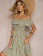 defox Rochie Verde închis Florală cu umeri goi din Bumbac cu elastic în talie Nevima