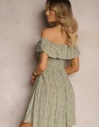 defox Rochie Verde închis Florală cu umeri goi din Bumbac cu elastic în talie Nevima