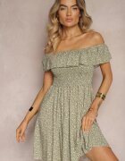 defox Rochie Verde închis Florală cu umeri goi din Bumbac cu elastic în talie Nevima
