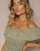 defox Rochie Verde închis Florală cu umeri goi din Bumbac cu elastic în talie Nevima