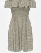 defox Rochie Verde închis Florală cu umeri goi din Bumbac cu elastic în talie Nevima