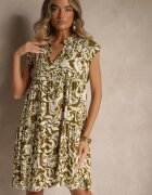 defox Rochie Verde închis Oversize din Bumbac cu Model Ornamental Folazea