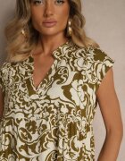 defox Rochie Verde închis Oversize din Bumbac cu Model Ornamental Folazea