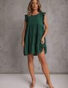 defox Rochie Verde închisă cu mânecă scurtă și volănașe decorative evazată Vetesa